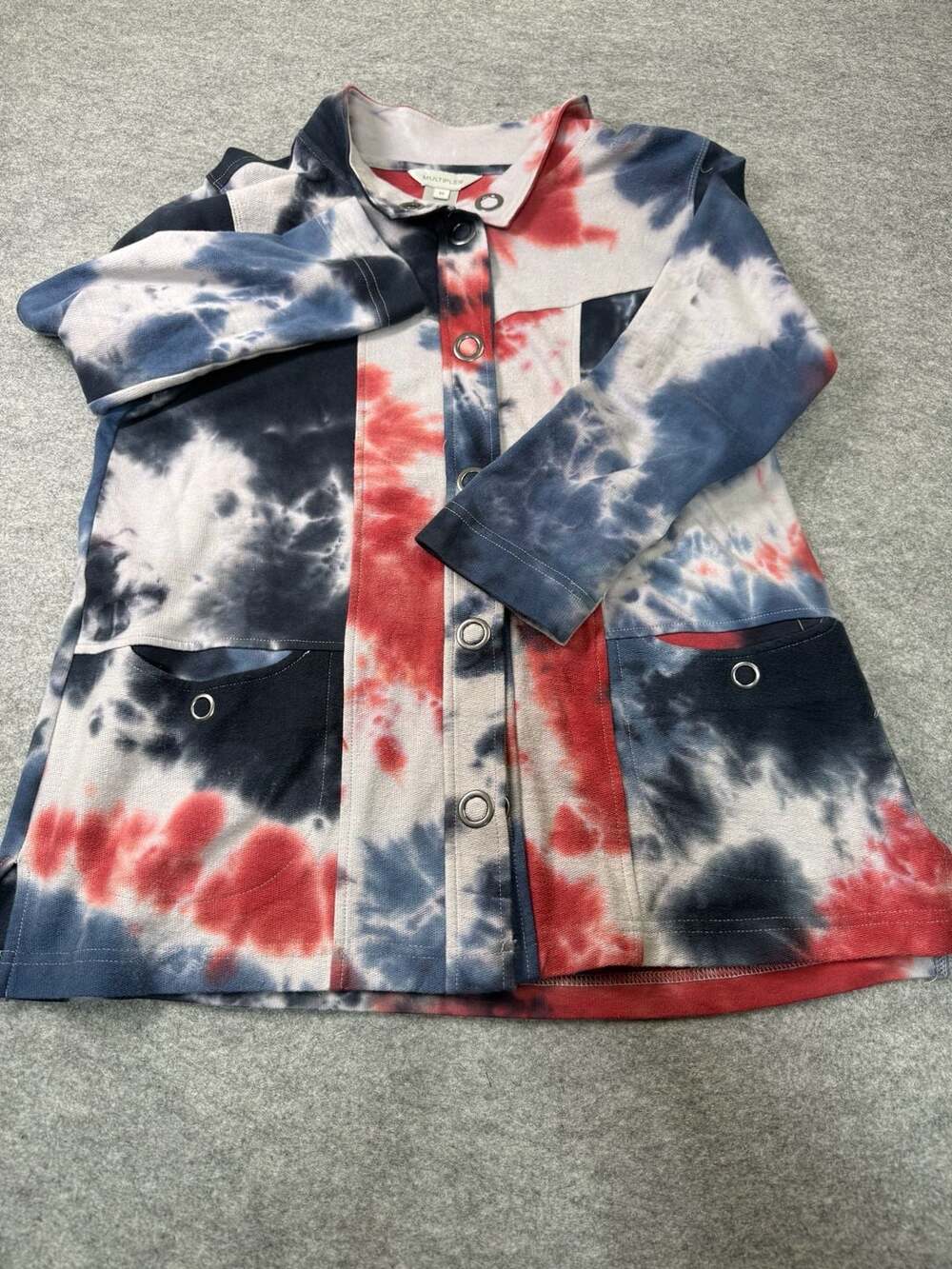 Multiples Red Blue White Tie Dye Button Front Cotton Long Jacket Size XS